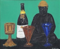 Olie op doek kunstwerk: Stilleven met champagnefles